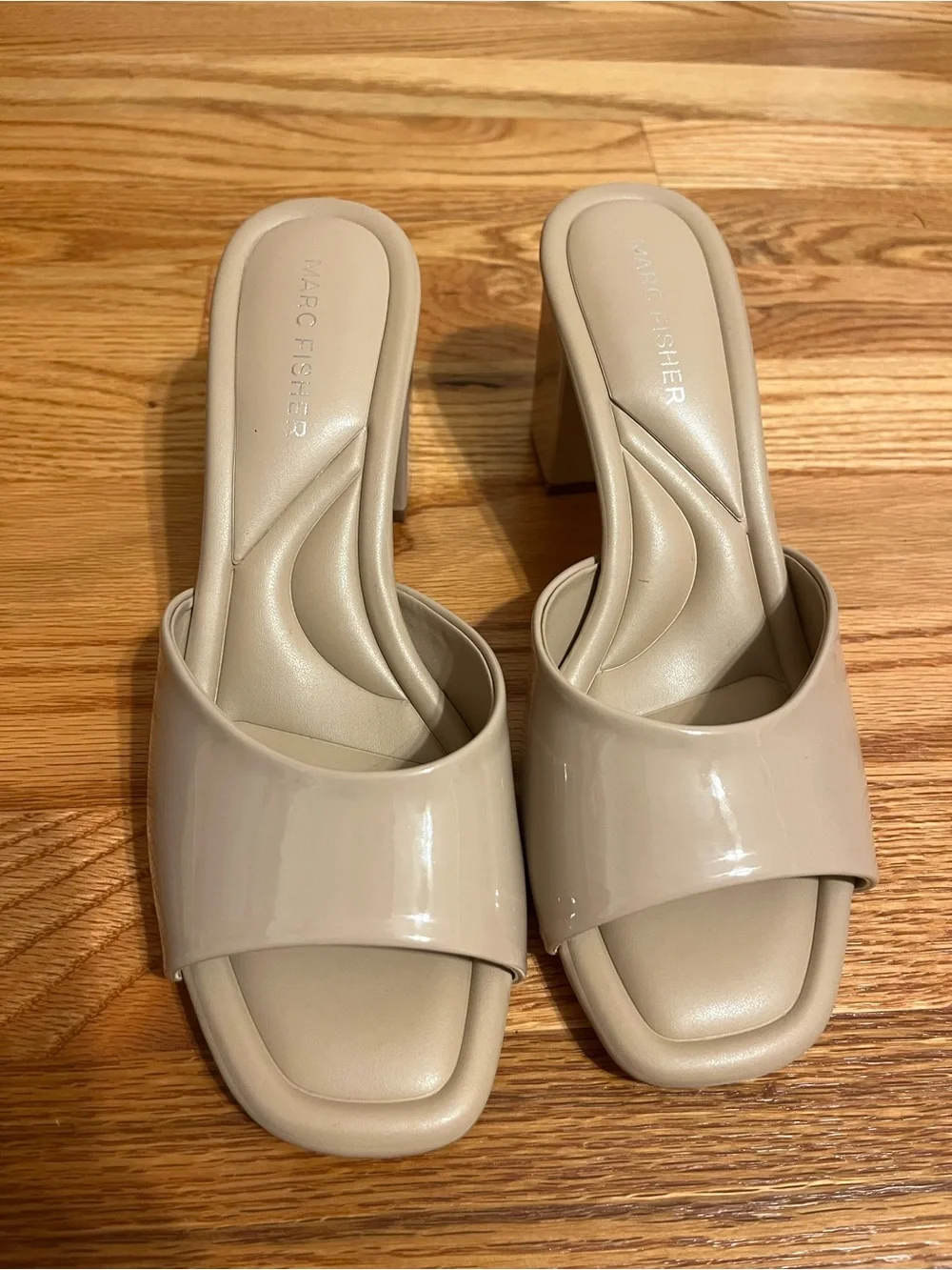 Marc Fisher Nude Patent Block Heel Slide Sandals